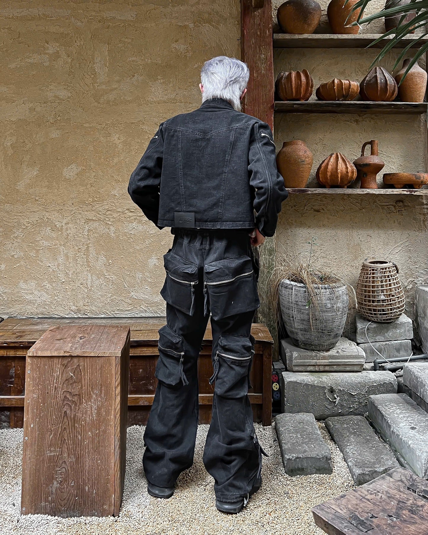 BLACK-WASH DENIM CARGO FLARE PANTS