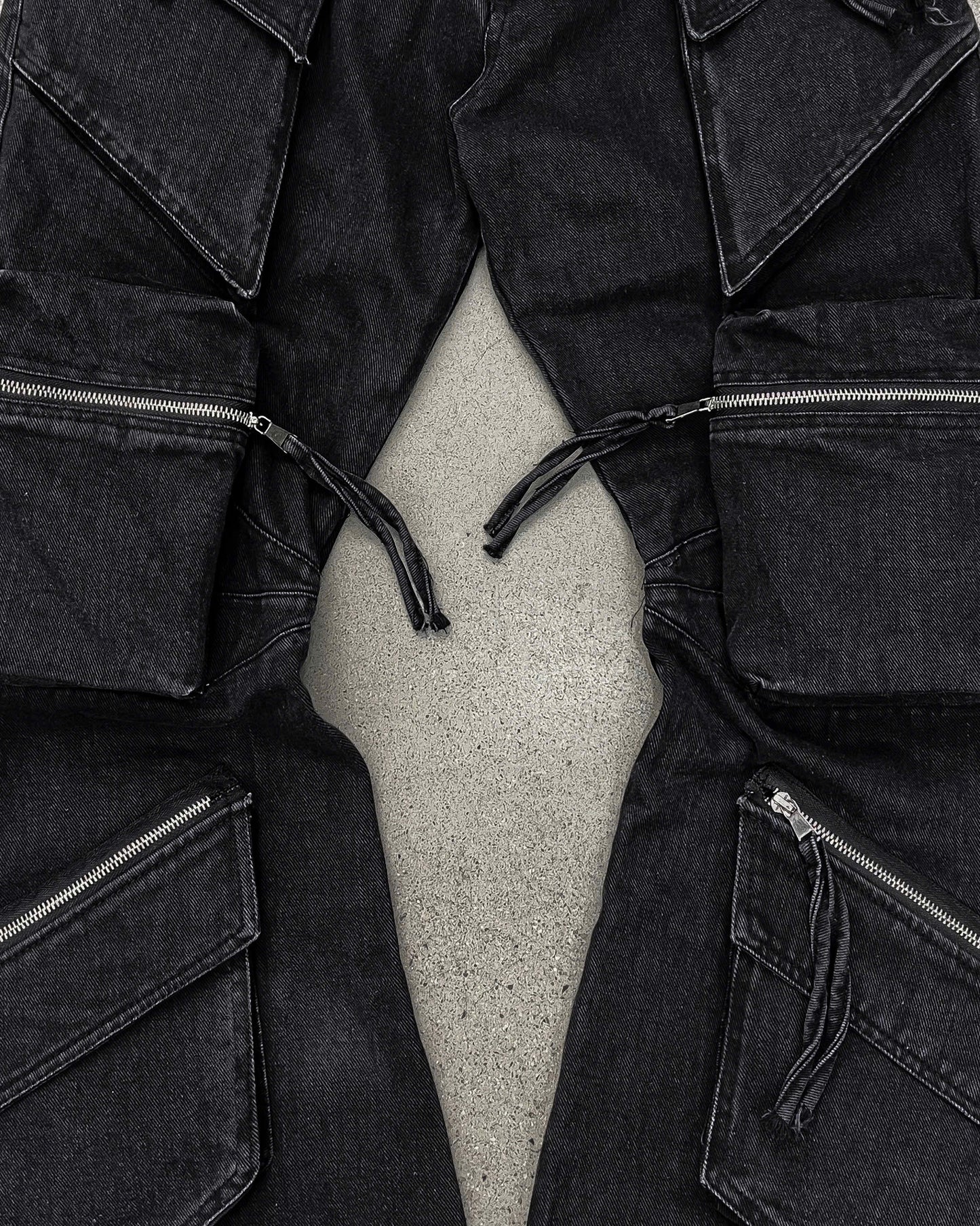 BLACK-WASH DENIM CARGO FLARE PANTS