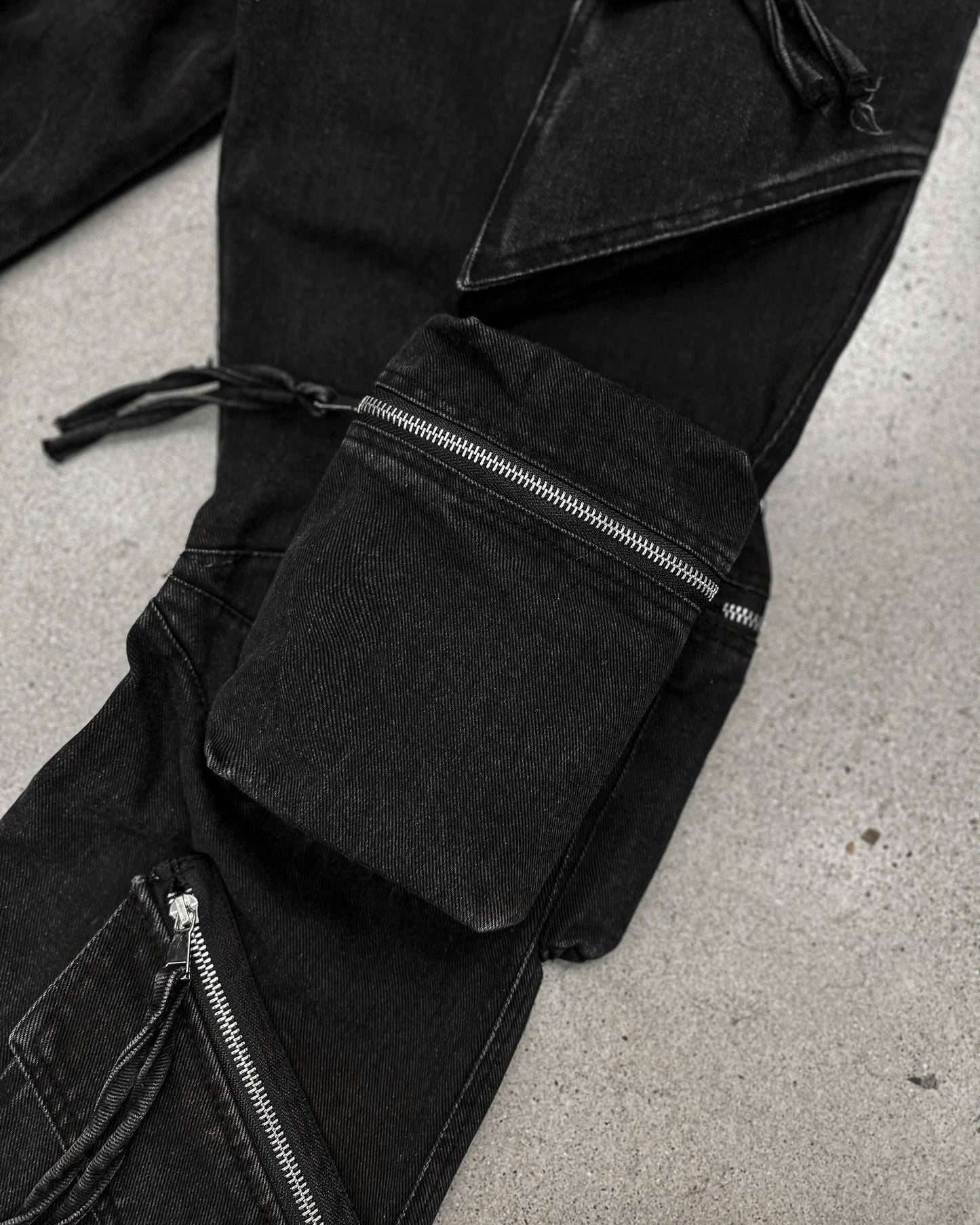 BLACK-WASH DENIM CARGO FLARE PANTS