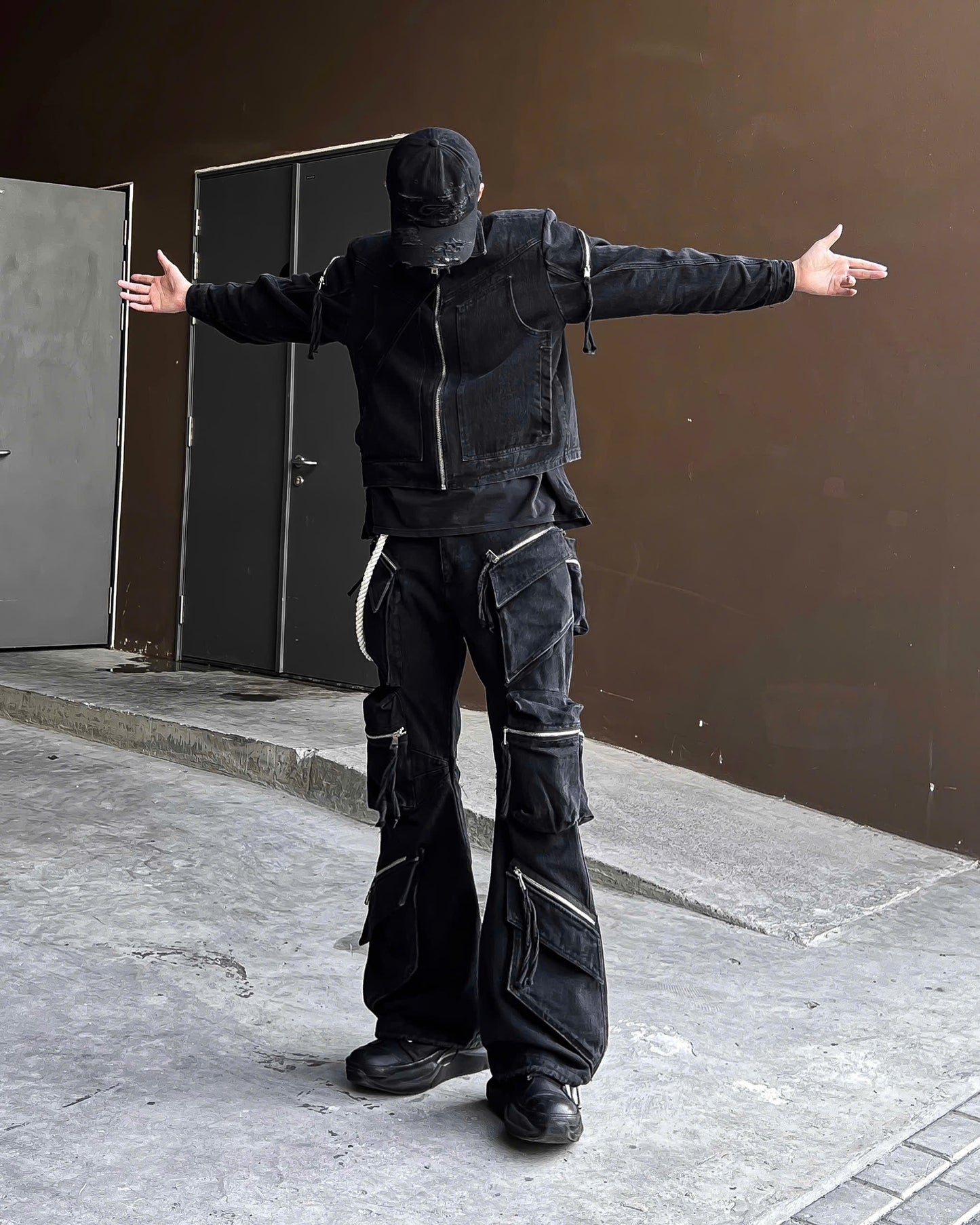BLACK-WASH DENIM CARGO FLARE PANTS