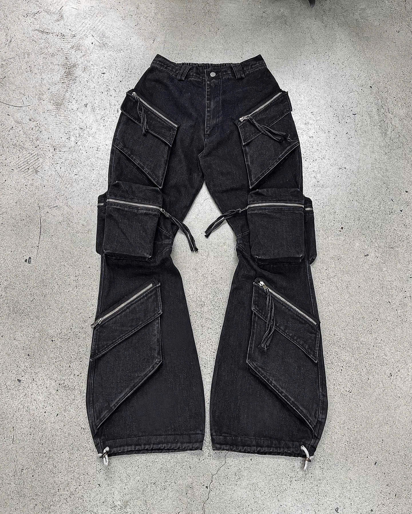 BLACK-WASH DENIM CARGO FLARE PANTS
