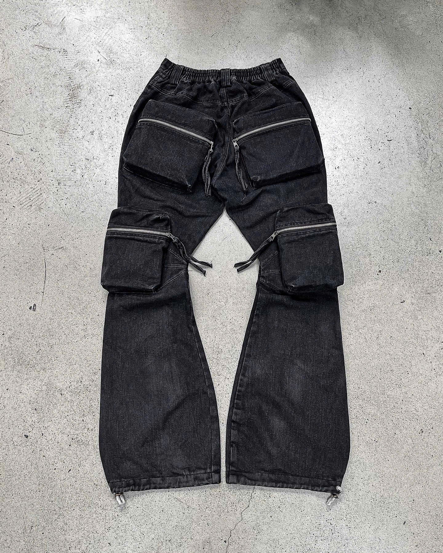 BLACK-WASH DENIM CARGO FLARE PANTS