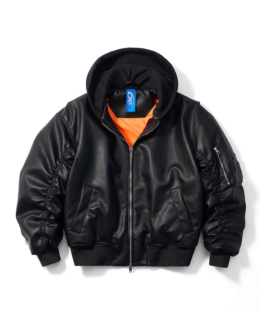 OVERSIZED HOODED LEATHER BOMBER JACKET